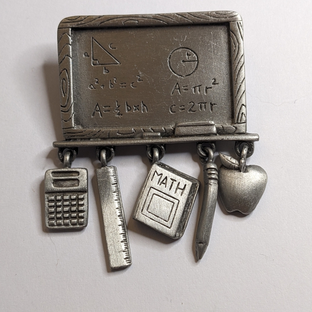 Vintage JJ Teacher Brooch Chalkboard School Math Charms Pewter Pin‎